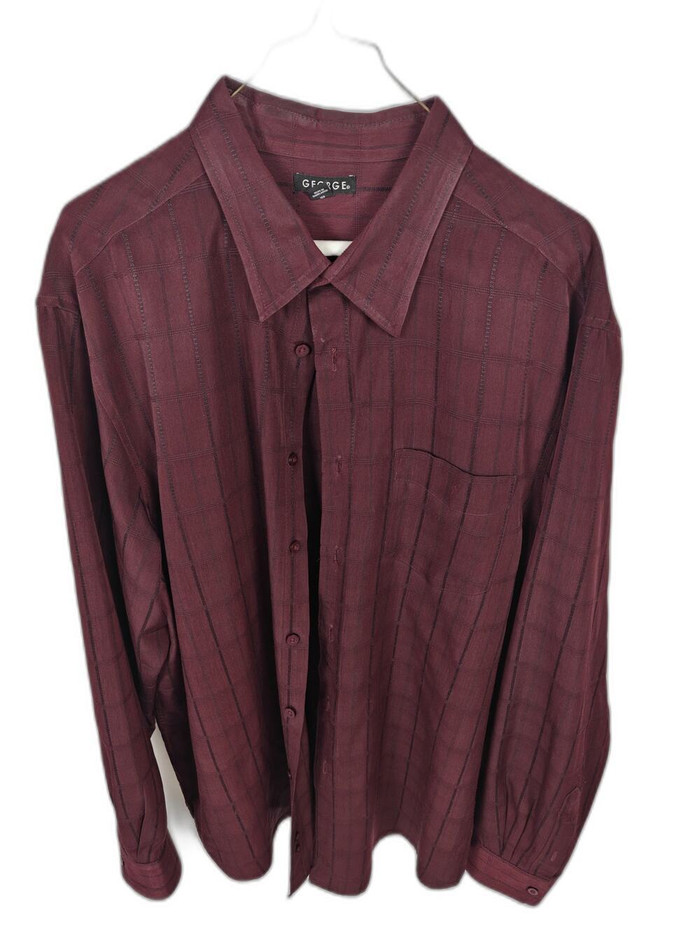 George Men's 2XL Burgundy Windowpane Long Sleeve Button Front Shirt Size 50-52